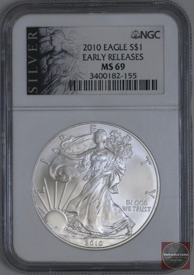 2010 American Silver Eagle 1oz Fine Silver (NGC) MS69 Early Releases.