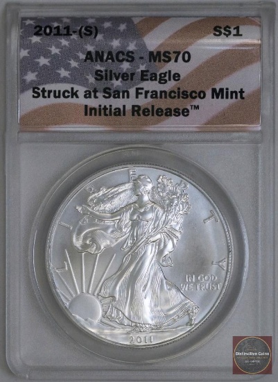 2011 S American Silver Eagle 1oz Fine Silver (ANACS) MS70 Initial Release