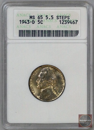 1943 D Jefferson War-time Silver Nickel (ANACS) MS65