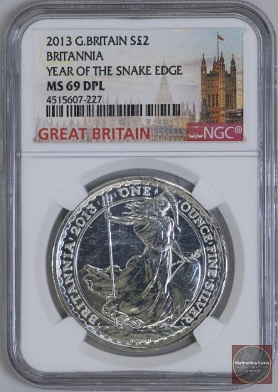 2013 Great Britain Silver Britannia Year of the Snake Edge 1oz (NGC) MS69DPL