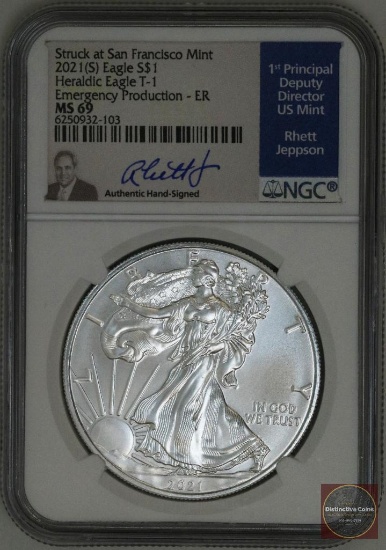 2021 S American Silver Eagle Heraldic Eagle T-1 (NGC) MS69 Emergency Production