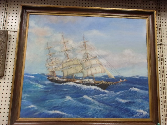 MARITIME OIL PAINTING ON BOARD BY T.F. SLATTERY