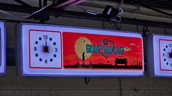 Graveyard Cars LED Sign with Clock