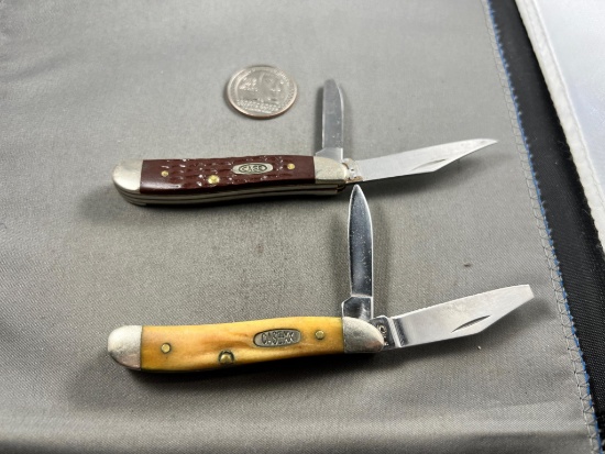 PAIR OF CASE XX PEANUT POCKET KNIVES, BOTH WITH TIP DAMAGE, sells times the money