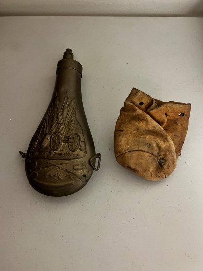 POWDER HORN AND SMALL BAG OF LEAD BALLS