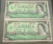 Pair of 1967 UNCirculated Canada One Dollar Banknotes