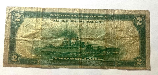 LARGE SIZE 1918 Philadelphia Federal Reserve Bank $2.00 Bank Note, Battleship on back