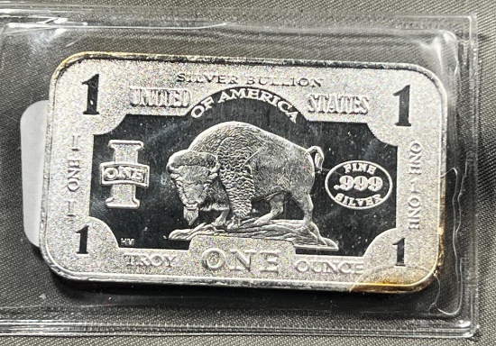 One Troy Ounce .999 Silver Bar in Apmex packaging