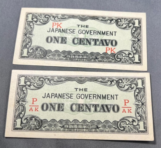 Pair of Japanese Government One Centavo Bank Notes, AU
