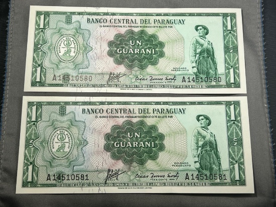 2- 1963 Paraguay Un Guarani Banknotes, UNCirculated w/ sequential serial numbers