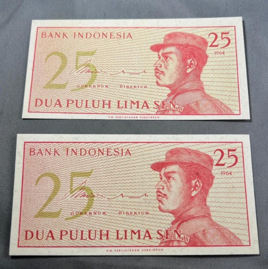 2- 1964 Bank of Indonesia 25 Banknotes, UNC w/ sequential serial numbers