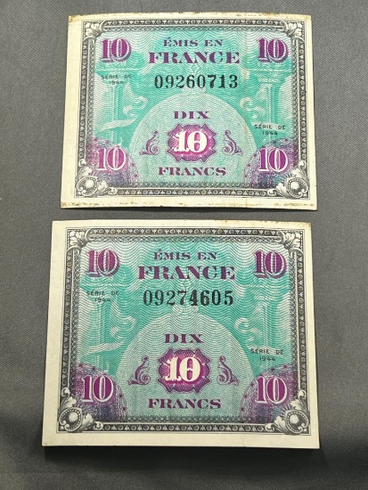 2- 1944 France 10 Francs Banknotes