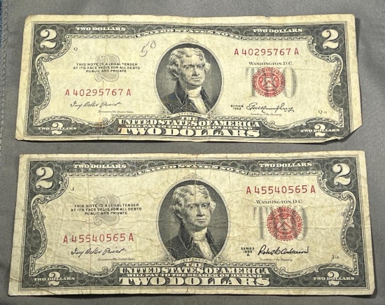 2- 1953 $2.00 Red Seal US Banknotes
