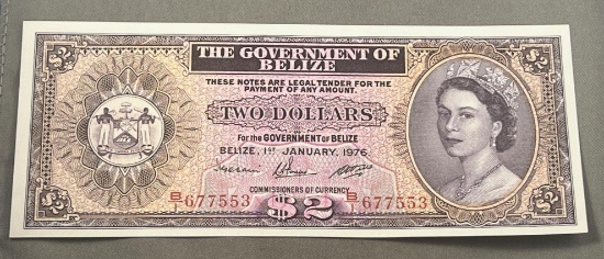 1976 The Government of Belize Two Dollar note, UNCirculated