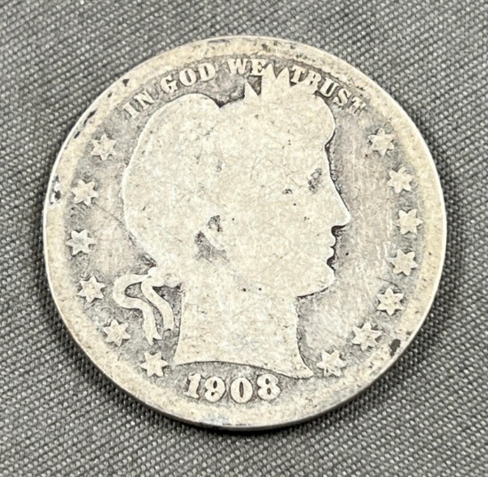 1908-D Barber Quarter Dollar, 90% Silver