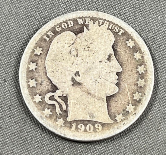 1909 Barber Quarter Dollar, 90% Silver