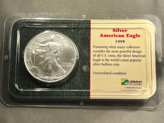 1999 US Silver Eagle Dollar Coin in Littleton Holder, .999 Silver