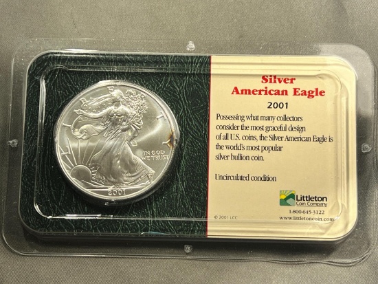 2001 US Silver Eagle Dollar Coin in Littleton Holder, .999 Silver