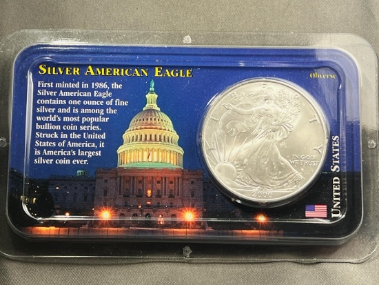 2000 US Silver Eagle Dollar Coin in Littleton Holder, .999 Silver