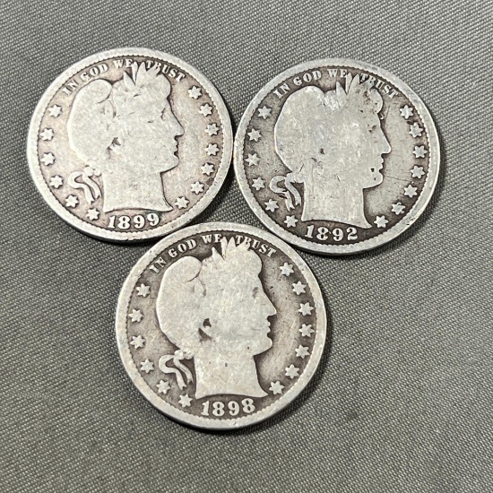 3- Barber Quarters, 1892, 1898 and 1899, all 90% Silver
