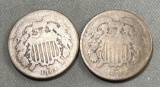 2- 1864 US 2 Cent Pieces, one is a weak date, Civil War Coin