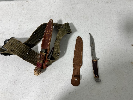 Army Surplus belt w/ 2 knives, one unmarked, one is Hammerbrand