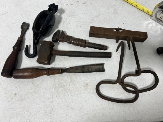 Hand Tool lot total of 8 Antique includes hand forged hay hooks
