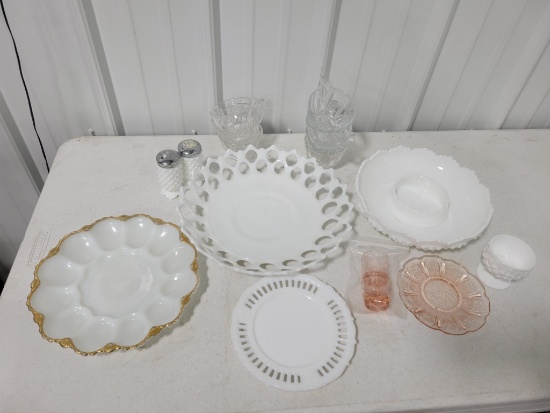 Milk glass, Heisey cups and pink glass