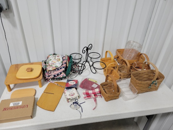 Longaberger baskets, liners, lids, tie ons, and metal holder