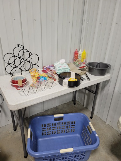 Basket of new kitchen items, wine rack, TABLE NOT INCLUDED