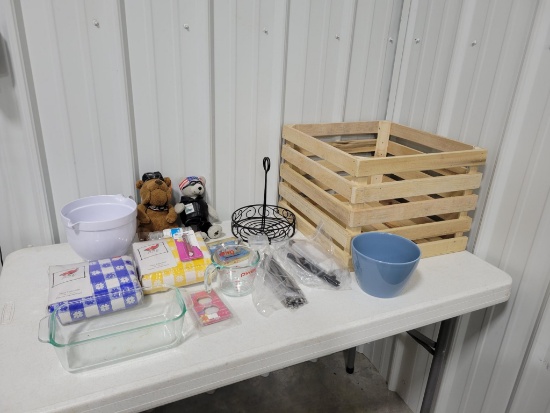 17in by 12in wooden crate and Pyrex measuring cup, TABLE NOT INCLUDED