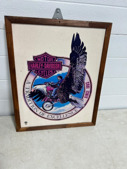 Wood framed Harley picture, approx 16 x 20
