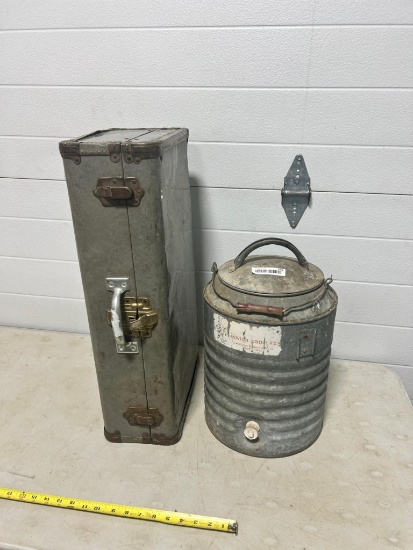 Vintage water cooler made in Delphos Ohio, probably decorative + vintage metal suitcase