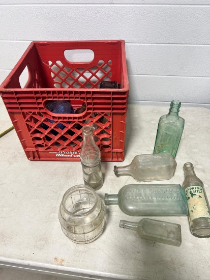 Vintage Bottles in crate nice lot of medicines and beverages