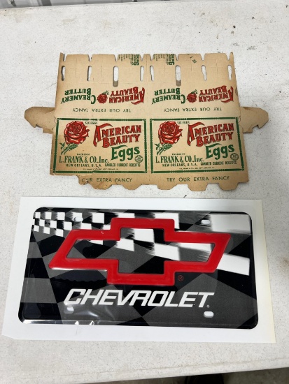 American Beauty Egg Carton + Chevrolet License Plate