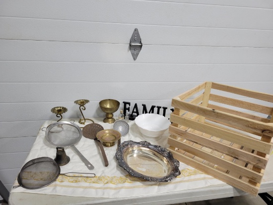 Wooden crate 17in by 12in, candle holder, and kitchen stuff