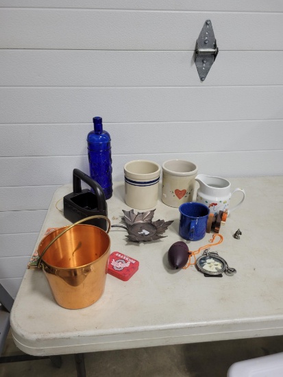 Lot of Misc. 2 crocks, blue glass bottle and more