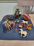 Cast Iron Wagons, horses, person, stove and reprouction bullet mold ladle
