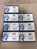 1999, 2000, 2001, 2002, 2003, 2004, and 2005 COMPLETE US Proof Sets w/ statehood quarters included,
