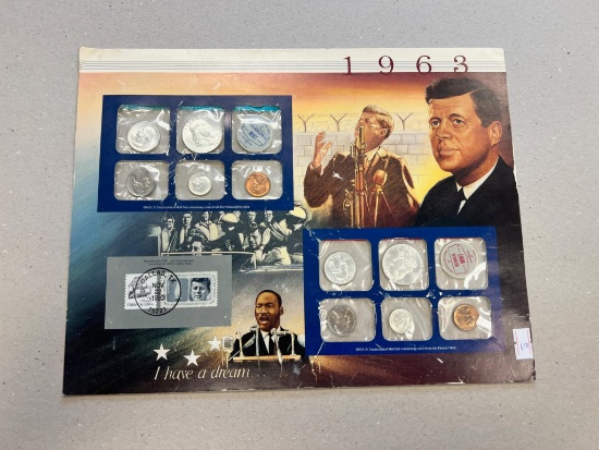 1963 US Mint Set on a Postal Society insert card w/ history lesson back, 2- 90% Silver Half dollars