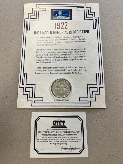 1922 Peace Dollar on "The Collector's Mint" story card, 90% Silver