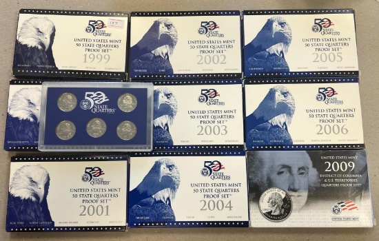 9- US Mint Quarter Proof Sets, 1999-2006 & 2009, SELLS TIMES THE MONEY