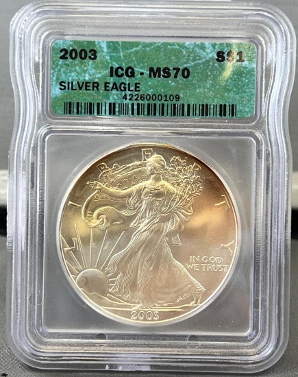 2003 US Silver Eagle Dollar Coin, .999 Fine Silver in ICG MS70 holder