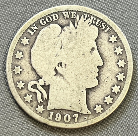 1907-S Barber Half Dollar, 90% Silver