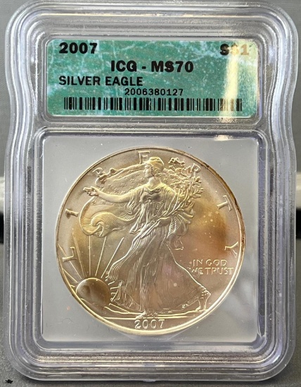 2007 US Silver Eagle Dollar Coin, .999 Fine Silver in ICG MS70 holder