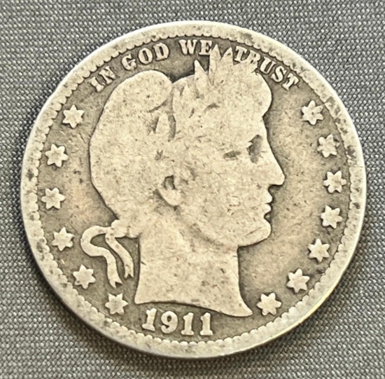 1911-D Barber Quarter Dollar, 90% Silver