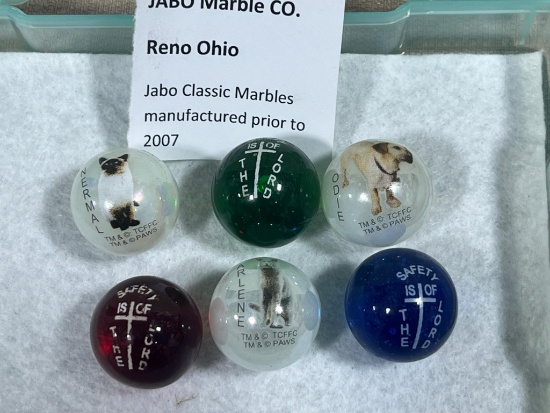 Jabo Classic Marbles produces prior to 2007 Reno OH Lot of 6, 1in. Religious, Cats and Dogs