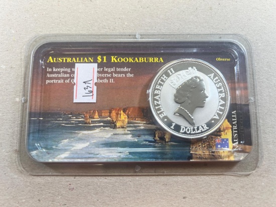 1992 Australia Silver Kookaburra in UNC Littleton Holder, .999 fine silver