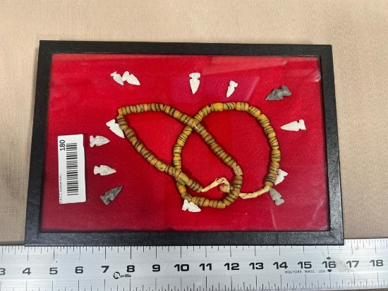 Arrowheads Artifacts Frame 13 Western Points and string of Trade Beads