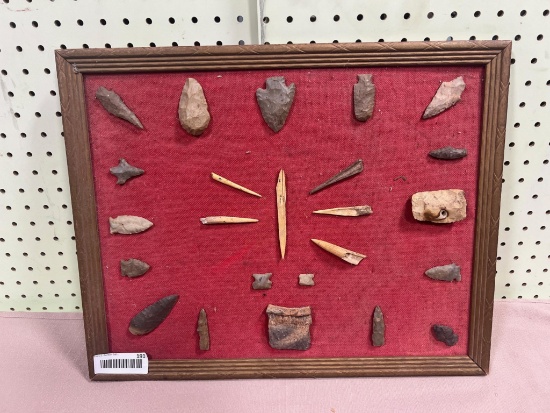 Arrowheads Artifacts frame 15 x 21" w/ 24 artifacts flint and bone Caldwell Co KY